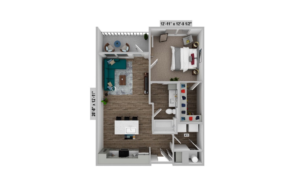 A1 crest floor plan showing an open concept living room and kitchen with 1 bedroom and 1 bathroom rendering
