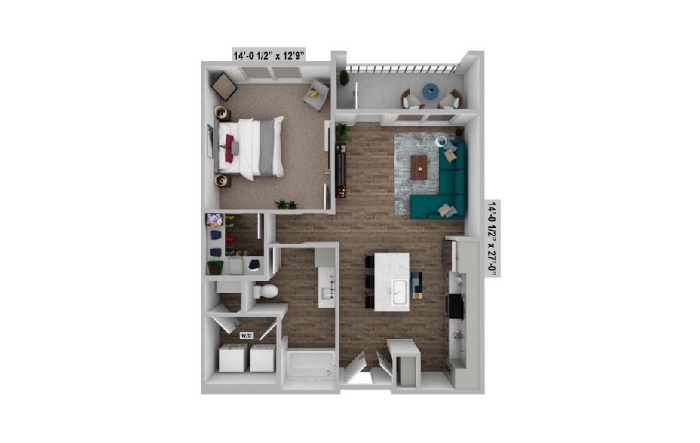 A2 floor plan rendering showing open concept living and kitchen space with 1 bedroom and 1 bathroom