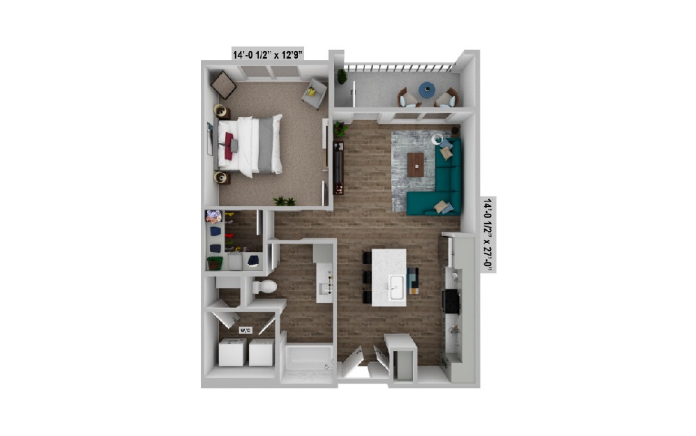 A2 floor plan rendering showing open concept living and kitchen space with 1 bedroom and 1 bathroom