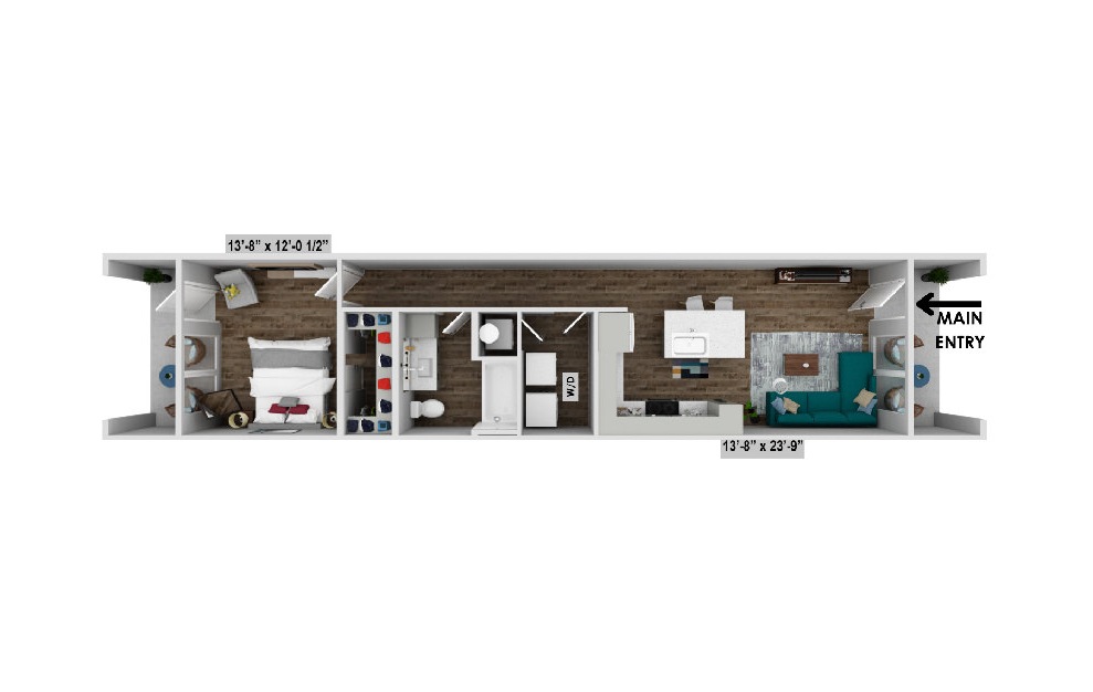 Floor plan rendering of A3 floor plan with narrow walkway to living and kitchen space with 1 bedroom and 1 bathroom