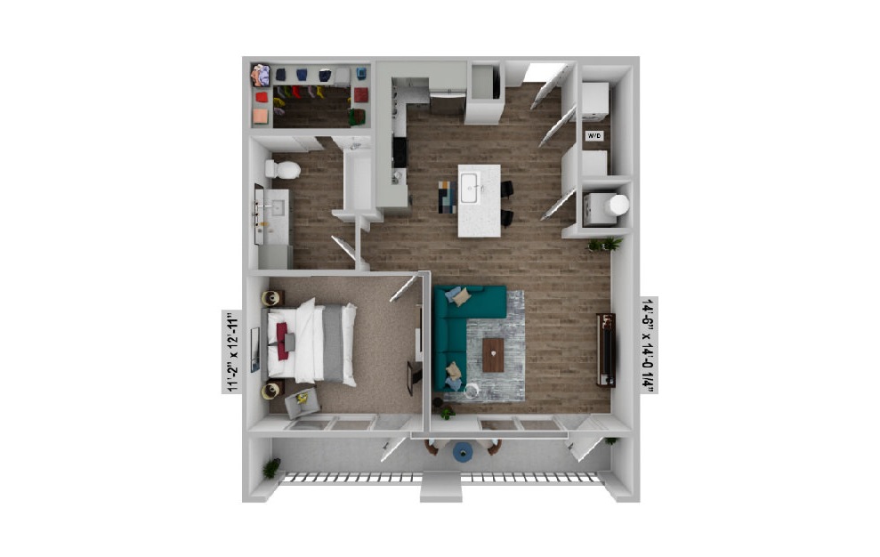 Floor plan rendering of the A4 floor plan with an open concept living and kitchen space and 1 bedroom with 1 bathroom