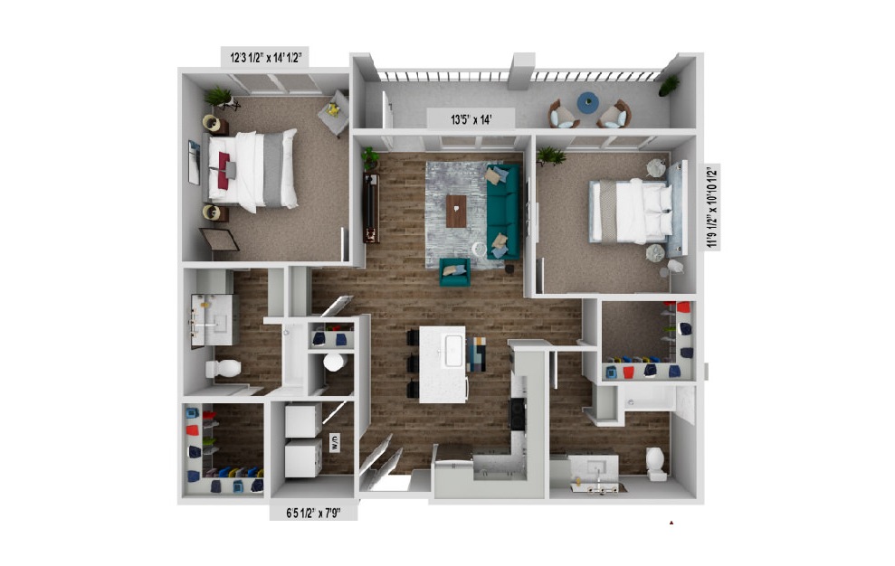 rendering of b1 floor plan showing 2 bedrooms and 2 bathrooms 