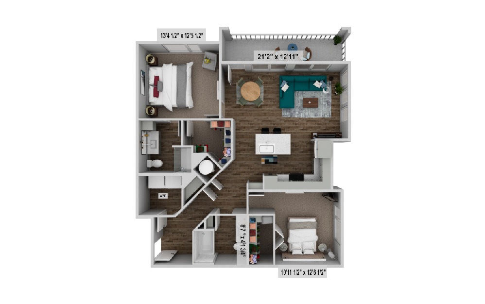 floor plan rendering of the b2 floor plan with a narrow hallway leading to an open concept living and kitchen space with 2 bedrooms and 2 bathrooms