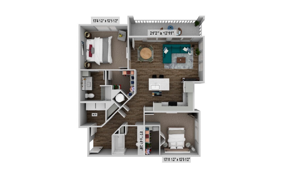 floor plan rendering of the b2 floor plan with a narrow hallway leading to an open concept living and kitchen space with 2 bedrooms and 2 bathrooms