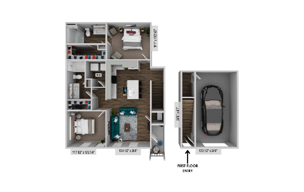 Rendering of the b3G floor plan showcasing two story unit with garage parking on first floor and unit amenities on the second with 2 bedrooms and 2 bathrooms