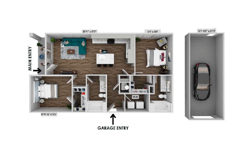 Floor plan rendering of the b4 garage with a garage space adjacent to the unit and a main entry point off the patio showcasing two bedrooms and two bathrooms