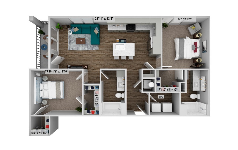 Floor plan rendering of the b5 with an open concept living and kitchen space and 2 bedrooms and 2 bathrooms