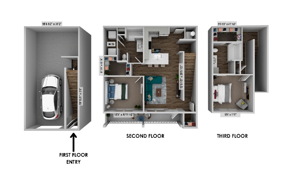 floor plan rendering of B6 garage with garage parking on first floor, living space on second floor and top floor housing a bedroom and bathroom with a total of two bedrooms and two bathrooms