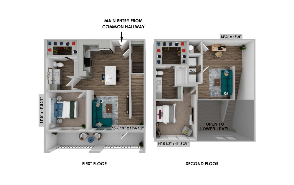 floor plan rendering of the b7 with first floor living space with a bedroom and bathroom and the second floor with a flex space and bedroom and bathroom