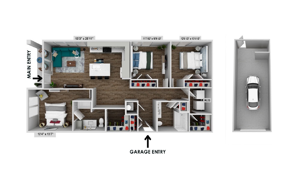 floor plan rendering of C1 garage with a garage space adjacent to home and includes three bedrooms and two bathrooms