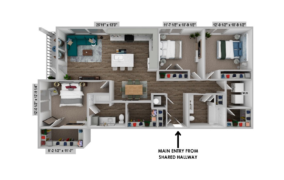 floor plan rendering of the C2 with 3 bedrooms and 2 bathrooms and an open concept living and kitchen space