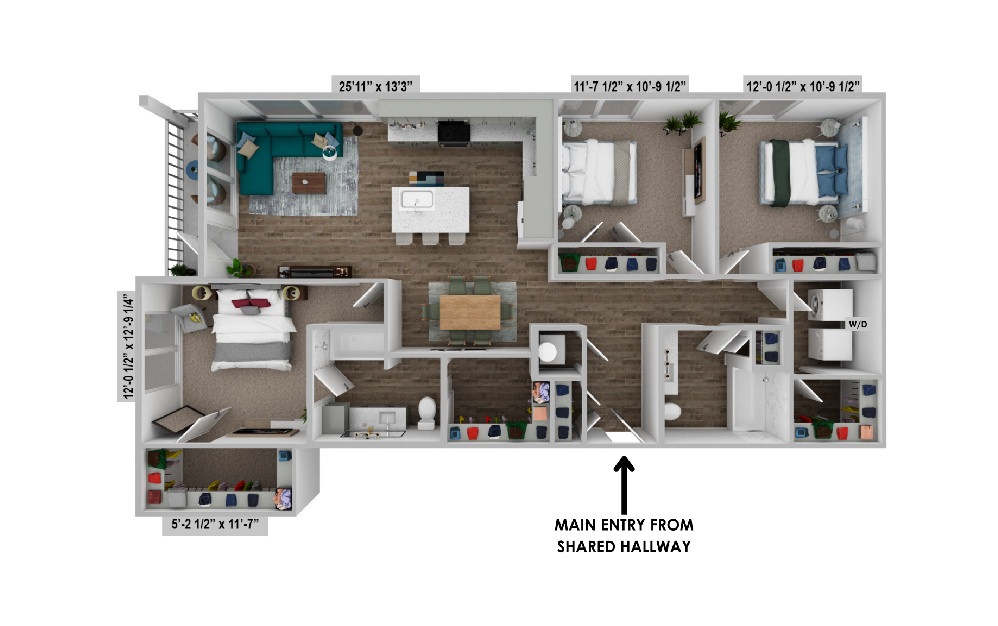 floor plan rendering of the C2 with 3 bedrooms and 2 bathrooms and an open concept living and kitchen space